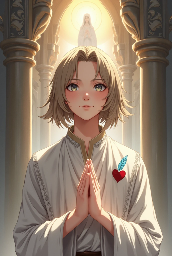 a young half-elf man with delicate, feminine features and shoulder-length light brown hair.
 
wearing white medieval clothing with a symbol of a light blue feather over a red heart drawn on the clothes at chest height.

 praying to the goddess of peace in medieval anime style
