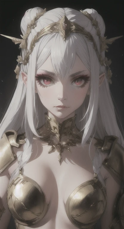 The first, Eldari goddess Kalindria, silver hair, red eyes, looking at viewer, ancient armor,