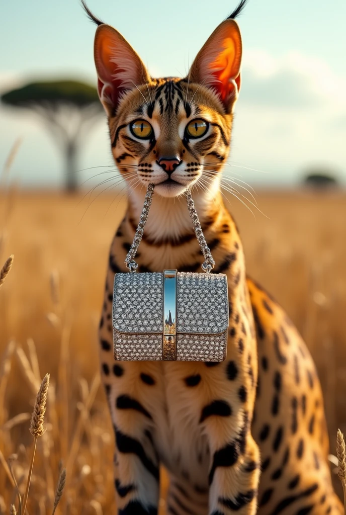Savannah Cat Wearing Chan's Diamond Forever Bag, High Definition Details, Full Picture As Real, Full Picture