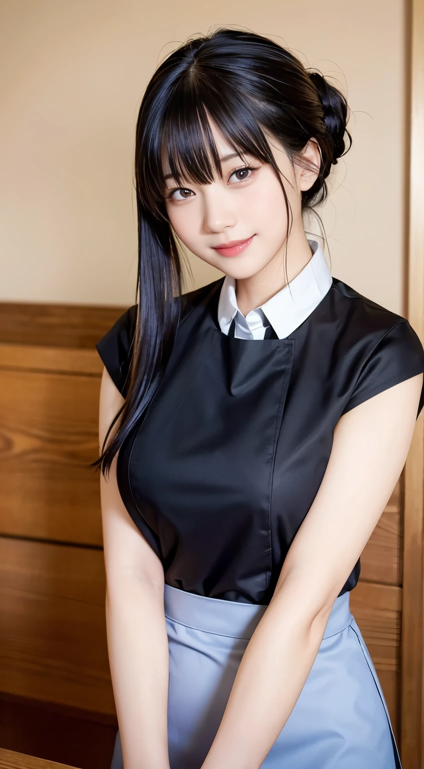 (Highest quality,masterpiece:1.3,Ultra-high resolution,),(Very detailedな,Caustics),(Photorealistic:1.4,RAW shooting,)Ultra-Realistic Capture,Very detailed,High resolution 16K human skin closeup。 Natural skin texture、,Pores、、、、It must be detailed enough to be easily identifiable。 Skin tone is even and healthy looking。 Use natural light and colour,restaurant,Waitress Uniform,1 girl,Japanese,1,cute,Black-haired,ponytail,Big Breasts,smile,Turn your body forward,(Front view:1.1),Looking at the camera,Cowboy Shot,