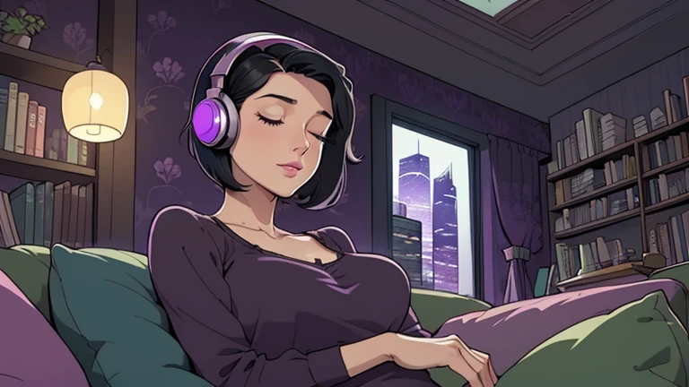 Beautiful woman in her 30s with short black hair is sitting with headphones on the sofa. Looking down, eyes closed, LOFI girl, alone in the room, blouse, cozy wallpaper, big cushion, bookshelf, relaxing mood, night core, cozy, wide glass window with skyscrapers, outside view at night, only five fingers, purple wall,