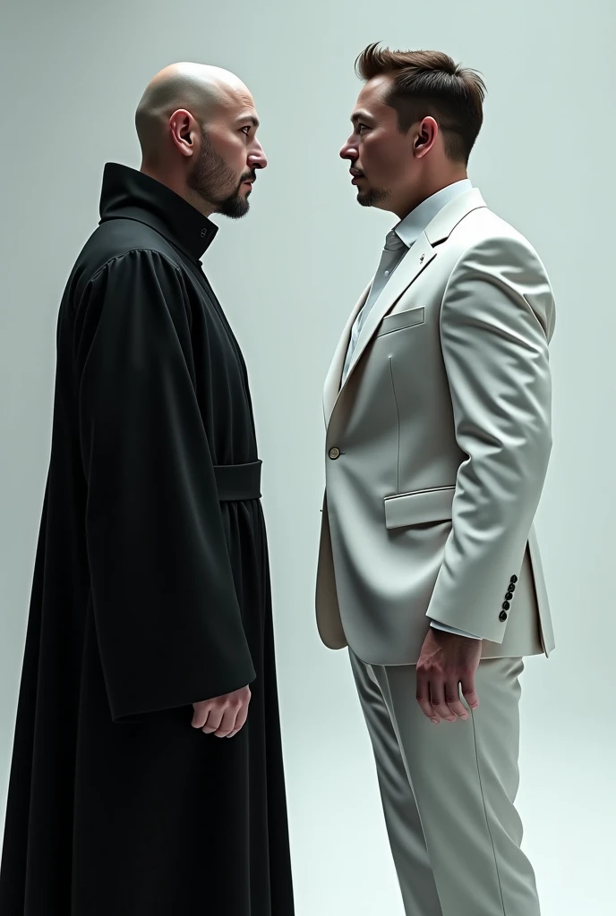 Elon Musk in white vs Minister bald jn black