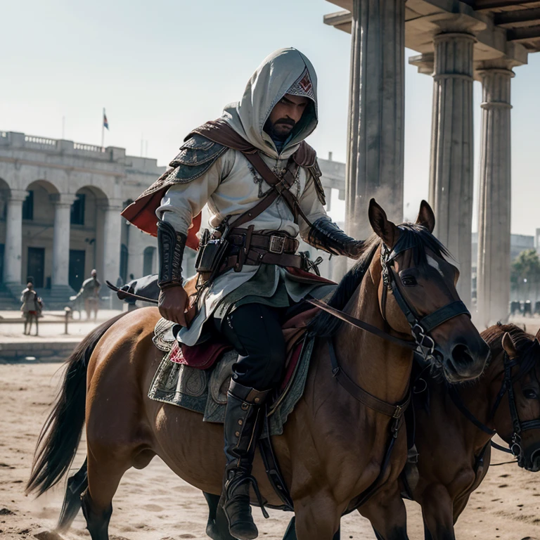 solo, Pancho Villa with a mustache wearing a 19th century Mexican military outfit, riding on a plain, rifle on the back long_sleeves, full_body, weapon, male_focus, boots, outdoors, day, belt, sword, pants, hood, cape, black_footwear, sash, bird, shaded_face, sheath, hood_up, sheathed, vambraces, weapon_on_back 