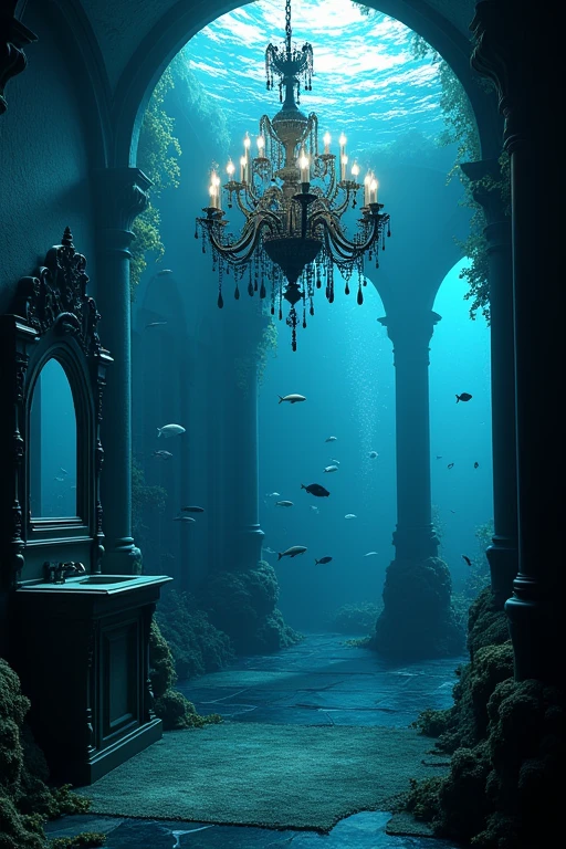 Underwater Gothic architecture Chandelier Black and blue atmosphere Fish Bubbles、House in the sea、The windows are big and the fish are swimming、Aquarium-like window、Vanity top、Washroom、mirror、Decorative Picture Frame