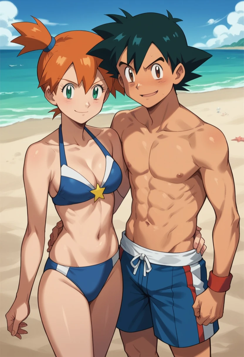 1boy, ash ketchum, black hair, brown eyes, hair between eyes, ash ketchum, shirtless, male swimwear, handsome boy, macho, good looking boy 1girl, misty pokemon, orange hair, green eyes, blue swimsuit, blue bikini, pretty, beautiful girl photograph of a 18 years couple, on beach, looking at the viewer, happy look after vacations