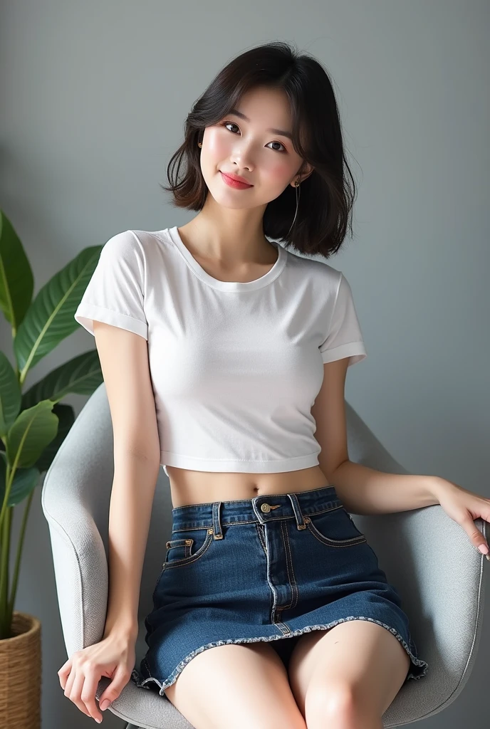(masterpiece:1.2,8k, raw photo, ultra quality), absurdres, (photo realistic:2), high detail raw color photo,skiny skin, professional photograph,((best quality))、Beautiful Japanese office lady、Denim mini skirt、A tight, see-through white T-shirt、Panty peeking、(Magenta Panties)、smile、(View your viewers)、short hair、Gray background、Sit on a chair、Flash photography、cleavage cutout、skirt lift、lifted by self