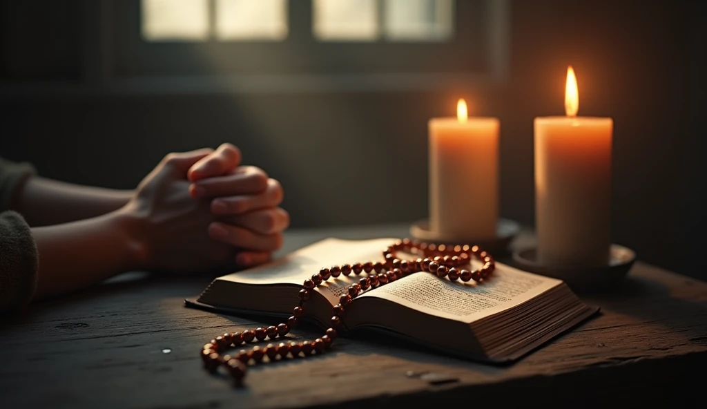 A viral social media image of a serene candlelit room with soft light filtering through a window, a rosary draped over an open Bible, and a pair of hands clasped in prayer, evoking peace and calm.
