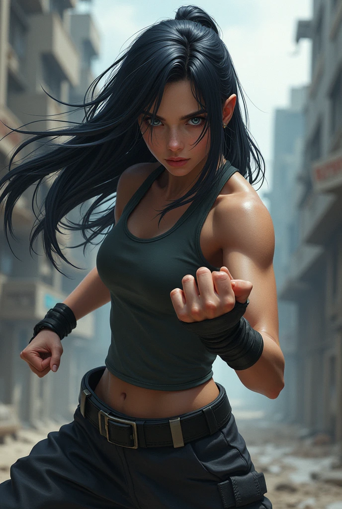 Girl with black hair and blue eyes in a fighting stance