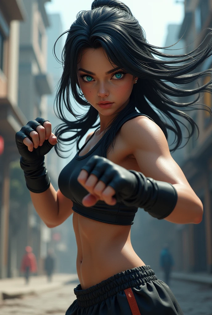 Girl with black hair and blue eyes in a fighting stance