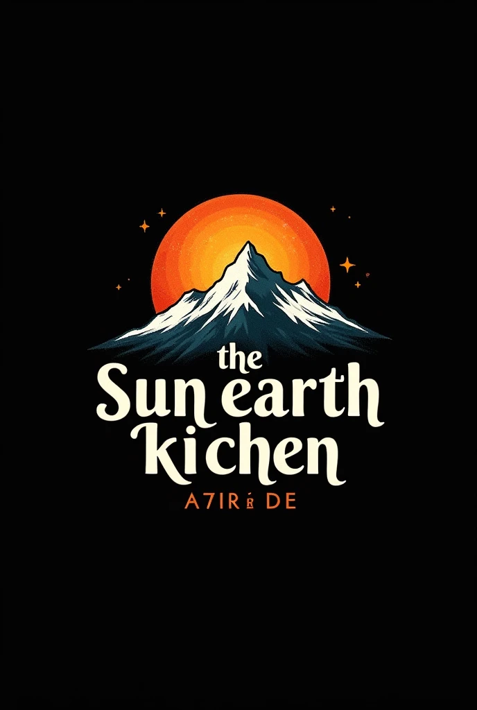 
 a logo with a black background containing the words "The Sun and Earth Kitchen" that they are inside a sun and a snowy mountain with the letters in Spanish 
