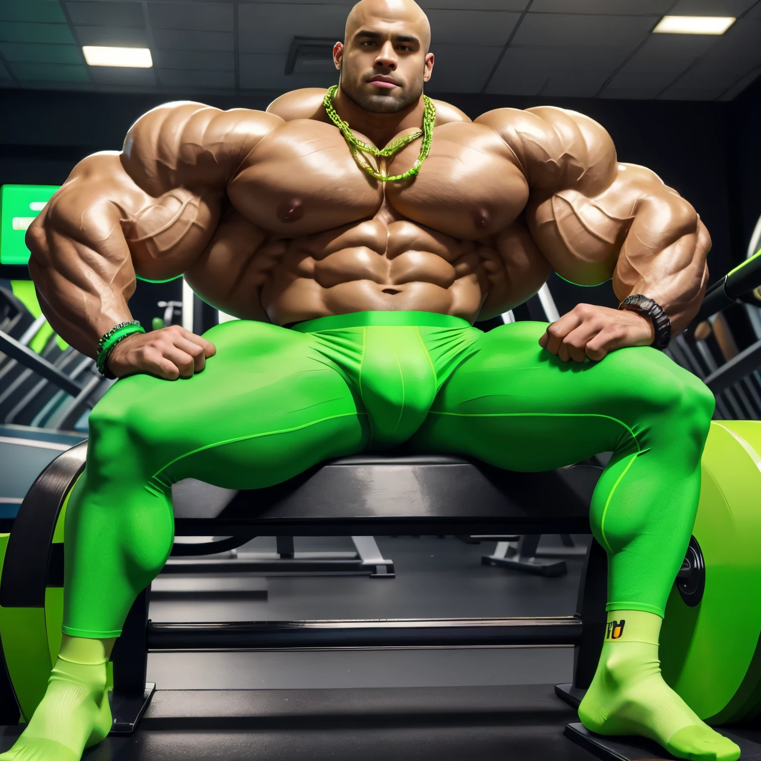 full view, full body, one handsome young artificially tanned white bald over-muscular man in neon-green nylon socks, shirtless wearing neon-green lycra leggings and neon-green sheer socks, no shoes, gold chains, bracelets, rings, arrogantly sitting on bench in his neon-green sheer socks next treadmill in gym, behind him other young and slim bodybuilders are working. his neon-green sheer socked feet must be seen