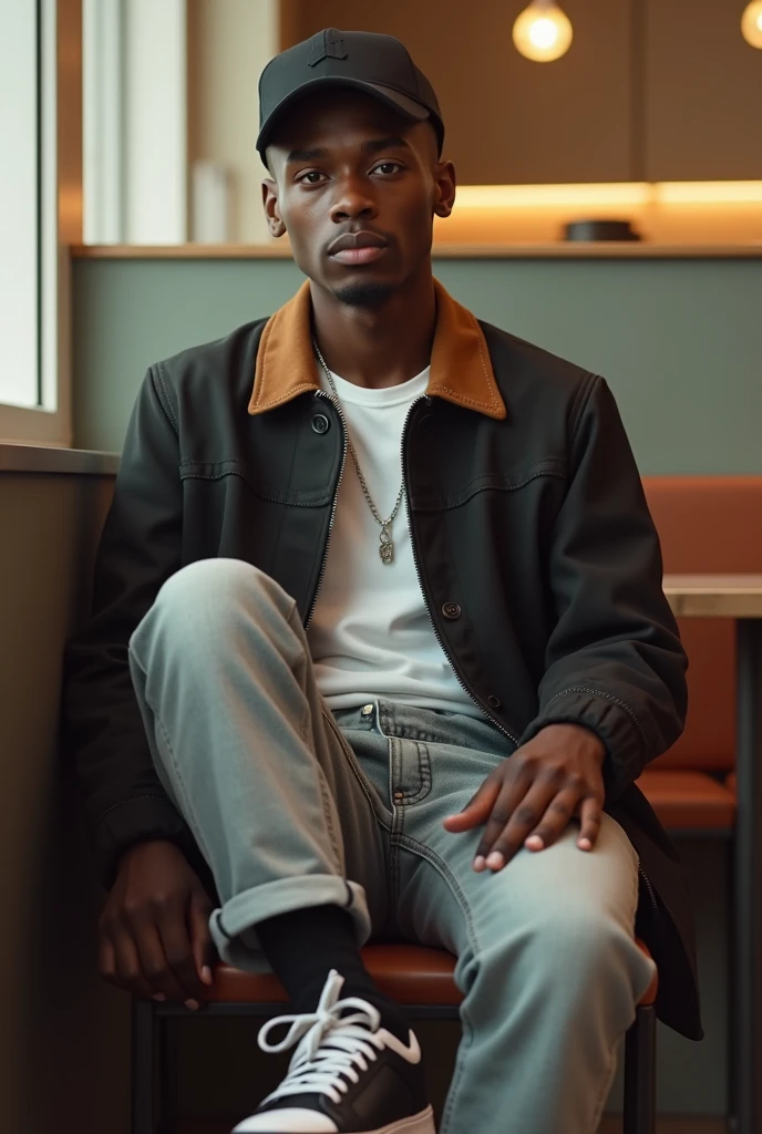 best qualityer:1.4), (ultra high resolution:1.2), (photorrealistic:1.4), (8k, CRU photo:1.2), a thin young man of 20 years old, skin black, with a smooth, beardless face, corte de cabelo buzzcut, He's wearing a black cap. He's wearing a white shirt. He is wearing a basic coat in black and brown.. He's wearing light jeans. He is wearing black and white Jordan sneakers.. He is sitting on a chair in a simple restaurant. thin build sem músculos. Seductive face for the camera. thin build. Scrawny. A thin person