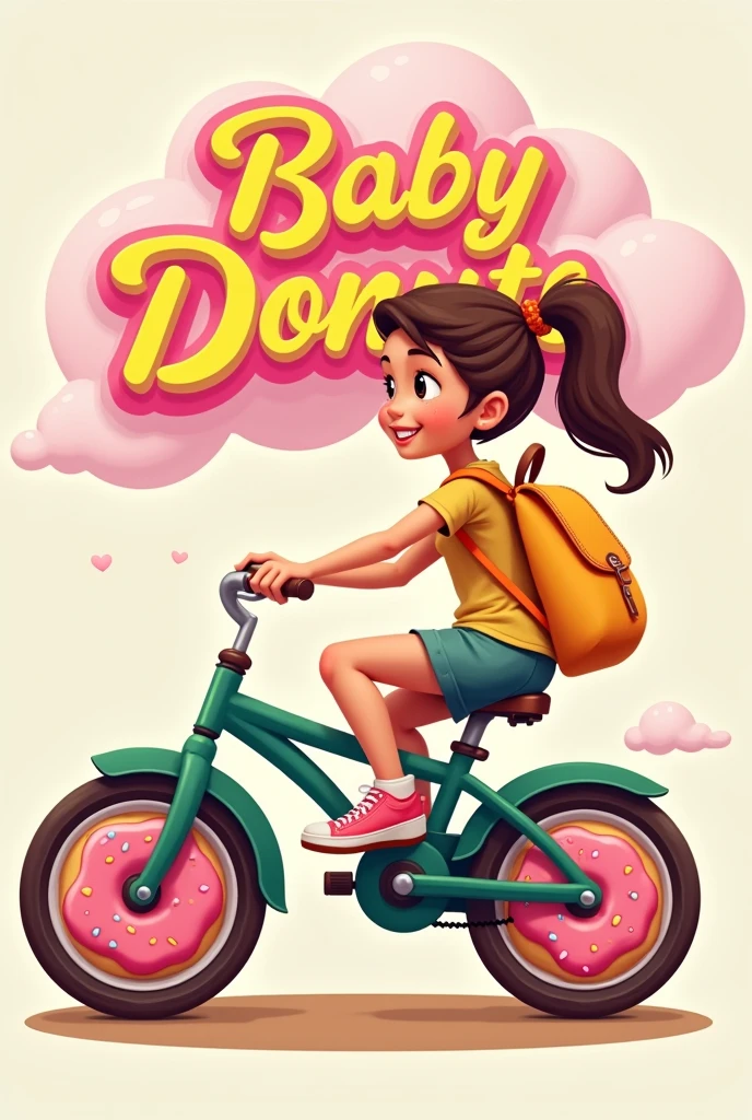 Well, I want a logo for a cake shop that has the word baby donuts as a reference, with a young age girl in the background on a bike with donut wheels and donut headphones, to make it more colorful and eye-catching for all types of audiences. I want it to look more real not animated, that this young woman is smiling while looking to one side,brown hair with a ponytail driving to the right and that his backpack is yellow and that it is also a donut, I want the young woman to be seen from the side, that the sign is on the young woman. With a gold t-shirt and pink sneakers, the sign can be seen above the girl who is driving to the right and is like a pink cloud with white letters that say Baby Donuts in bold handwritten typography in pastel yellow and pink contrast.. The wheels of the bicycle should be pink glazed donuts with colored sprinkles, the color of the bike should be dark aqua green and have a brown seat and orange wheel cover., that she doesn't go hunched over and that she goes happy with her hair in the air, sunny day Now believe it but don't be so little and make sure the sign is attached and that it's not a cloud directly and that the bicycle with a metallic steering wheel, a pink t-shirt and pink headphones is more real