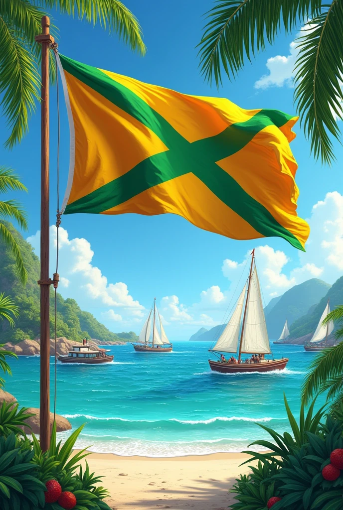 Flag designs with the colors yellow, green and orange representing the town with a Caribbean port flag