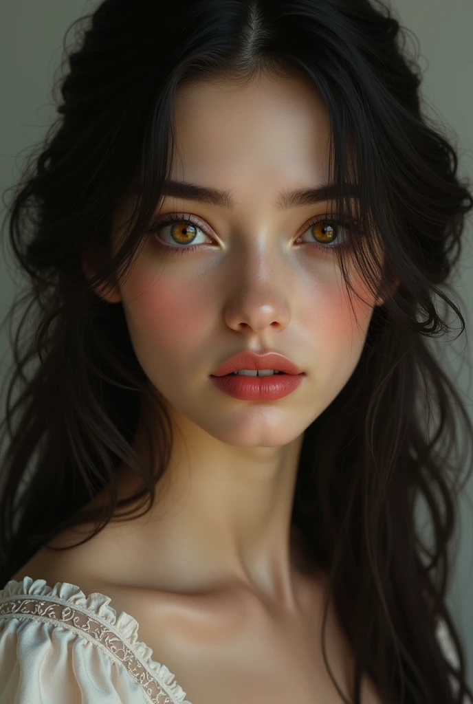 I want to create a beautiful adult woman, with a classic beauty but youthful appearance, a melancholic look and almost golden whiskey-colored eyes, I want her to have long, soft, dark hair