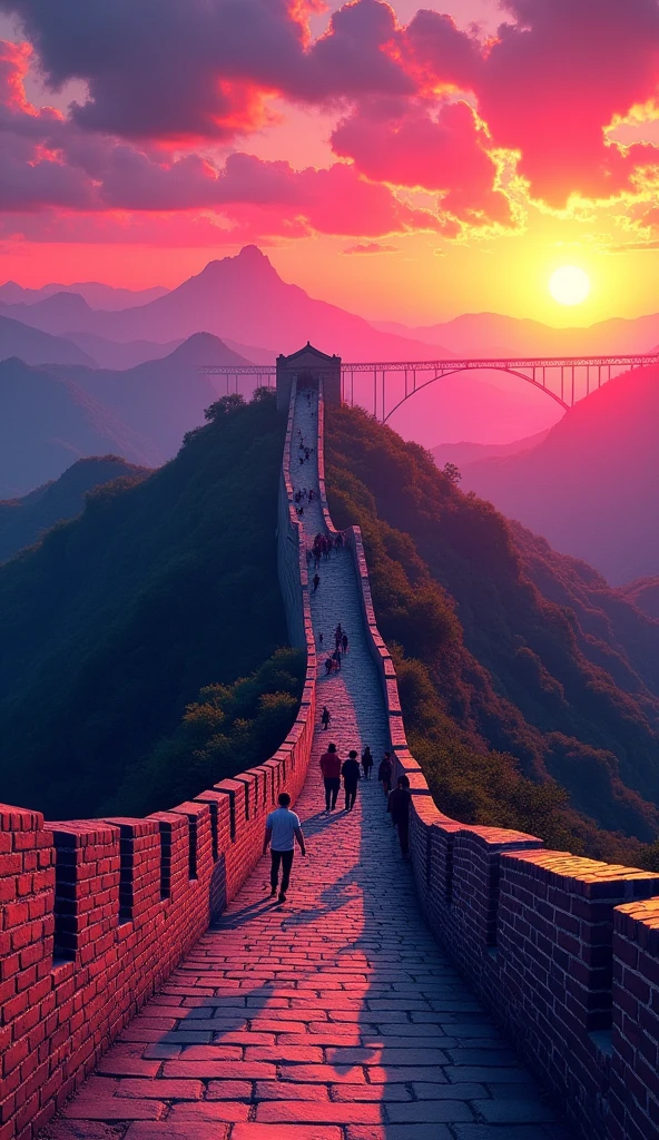 when sunset is coming, the great wall of China with beautiful view and with people, with the big bridge - far bird view, rendered with detailed comic cartoon style, neon lights, miami vice vibes
