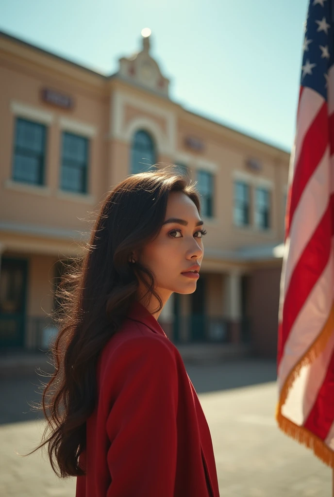 image 16:9 where you show an attractive woman on language day in a US school with only one flag