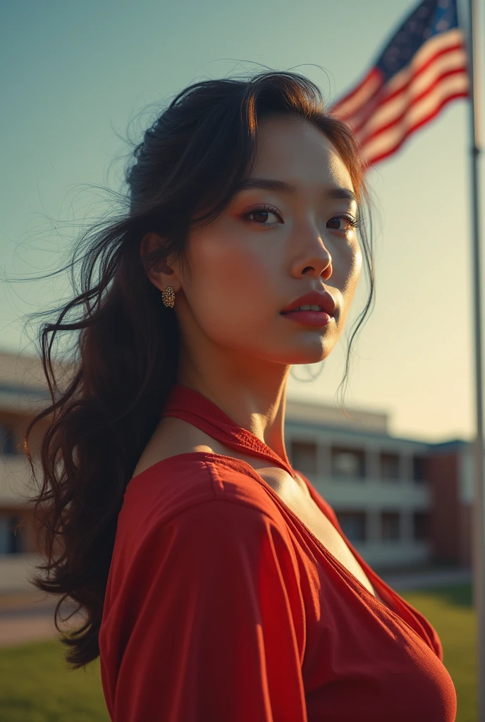 image 16:9 where you show an attractive woman on language day in a US school with only one flag