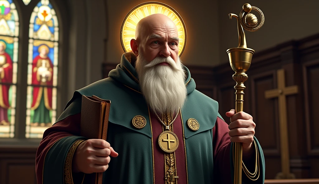ultra realistic image of bald saint benedict with a long white beard, calm and firm look, with his medal with the cross of Saint Benedict, a bronze chalice and a bronze staff with a snail&#39;s tip, in the pocket a bible, around his head a lighted halo, convey depth, in the background stained glass windows of a European church