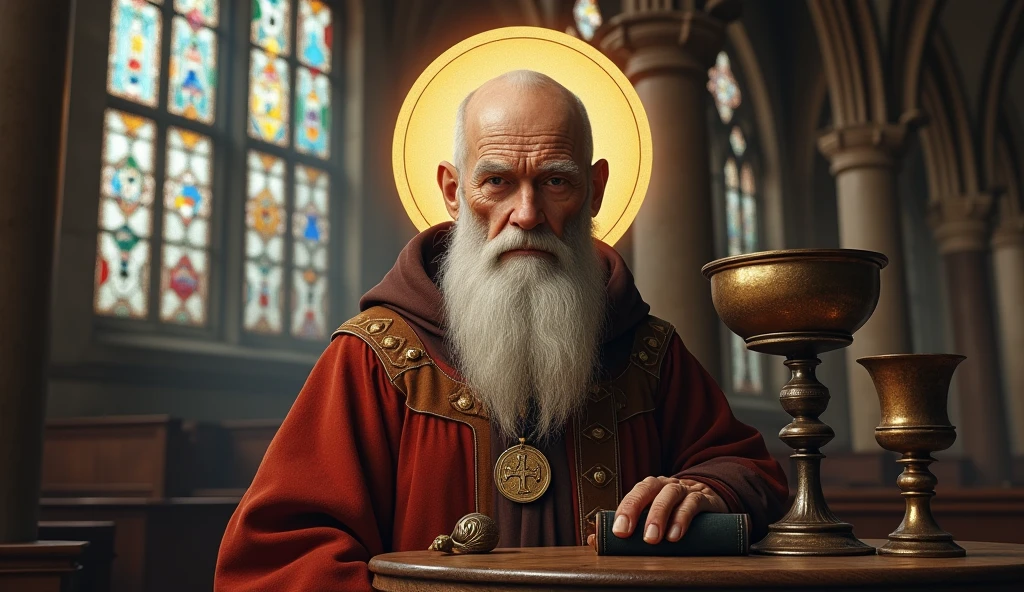 ultra realistic image of bald saint benedict with a long white beard, calm and firm look, with his medal with the cross of Saint Benedict, a bronze chalice and a bronze staff with a snail's tip, in the pocket a bible, around his head a lighted halo, convey depth, in the background stained glass windows of a European church