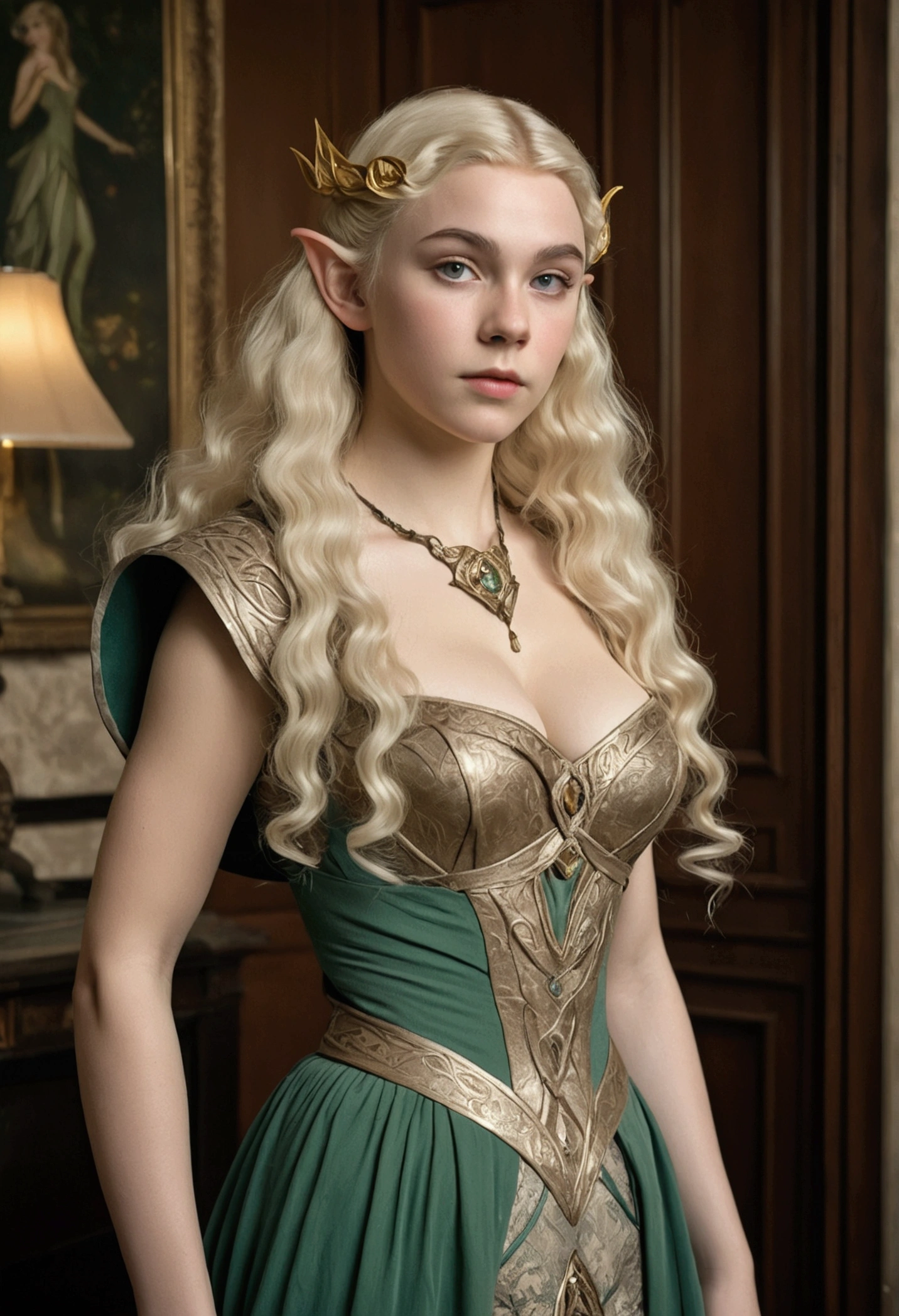 1910s analog film photograph, colorized photo of an elven maiden, 18-years-old, amazonian stature, thick-fit hourglass figure, busty breasts, toned, athletic, wearing a victorian traveling dress, warm almond complexion, pointy elf ears, platinum blonde hair, wild voluminous curls, resembles Margaery Tyrell, standing in a manor drawing room, RAW Photograph, dslr, soft lighting, high quality, film grain, Fujifilm XT3, detailed skin with visible pores, insane details, masterpiece, 8k, 35mm photograph, faded film, desaturated, grainy, vintage, Lomography, stained, highly detailed, found footage, long elven ears