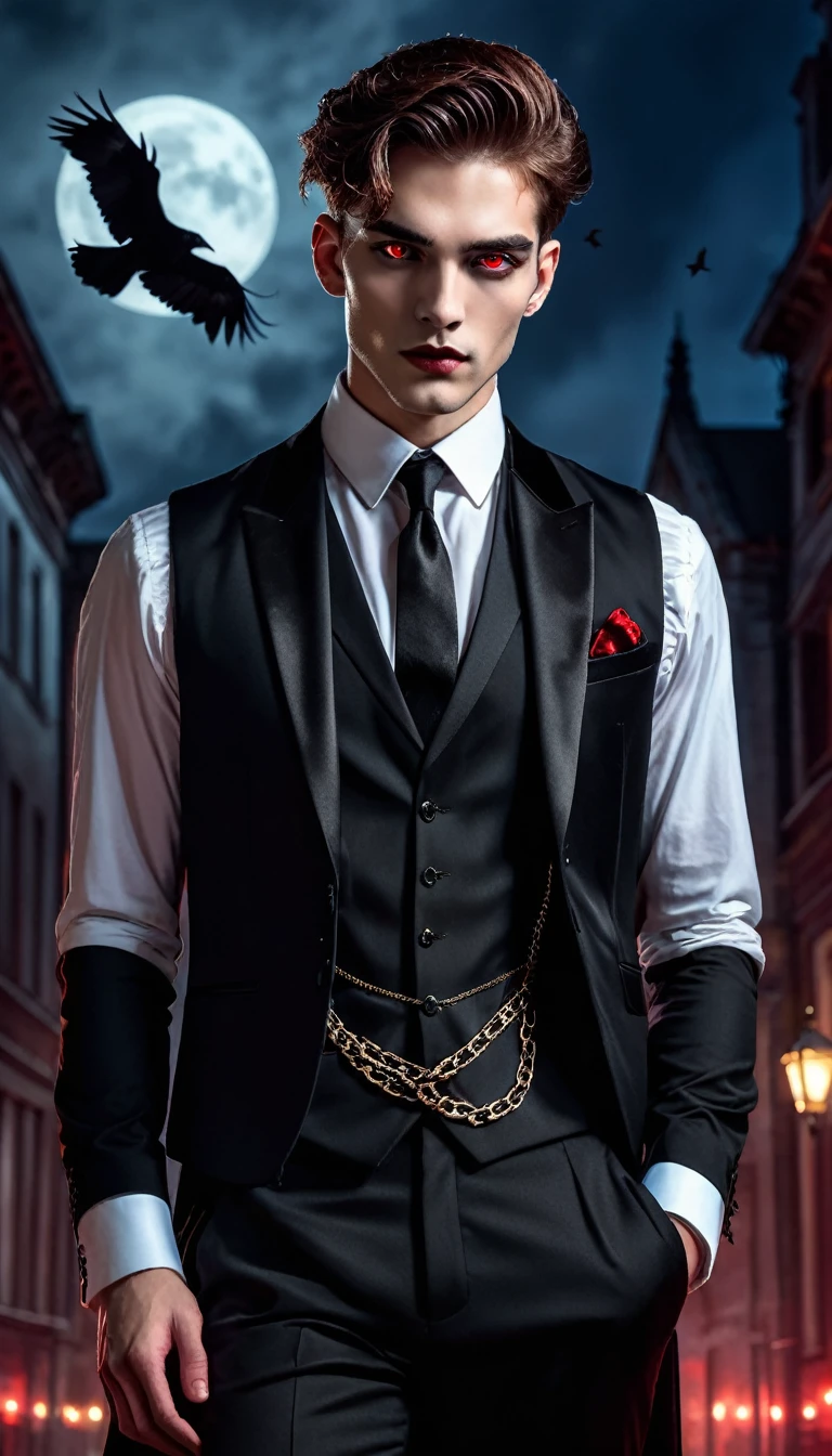 Masterpiece, 8k, HDR, Wonderful, aesthetic, dark vibes, man about twenty years old, handsome, his ruby-red eyes glowed, sharp gaze, tall, stand, wearing vest and black suit, the chain attribute on his suit adds to the glamorous impression, broad chest, hand in trouser pocket pose, vampire vibes, grave background in the night with crows fly.