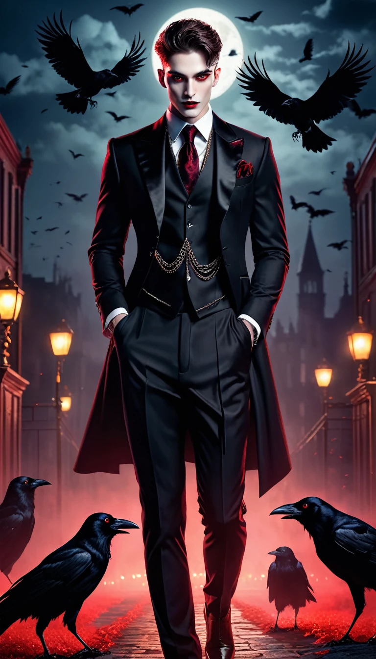 Masterpiece, 8k, HDR, Wonderful, aesthetic, dark vibes, man about twenty years old, handsome, his ruby-red eyes glowed, sharp gaze, tall, stand, wearing vest and black suit, the chain attribute on his suit adds to the glamorous impression, broad chest, hand in trouser pocket pose, vampire vibes, grave background in the night with crows fly.