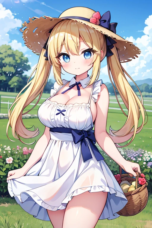 Highest quality,masterpiece,8k,Anime Style,Blonde with blue eyes、japan farm,large basket full of vegetables,Hold the basket in front of your chest with both hands,race,White camisole dress mini skirt,Cleavage,,Large Breasts、Twin tails、Cute eyes,sun hat(sun hat),Smooth thighs,Accentuate your breasts,