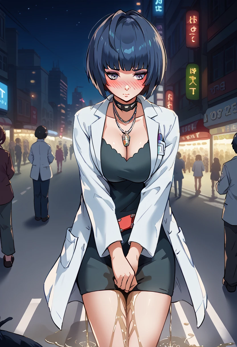 1girl, woman, takemip5, short hair, black hair, blue hair, labcoat, black dress, belt, choker, necklace, cleavage, high heels, makeup, eyeliner, (wetting self:1.5), desperation, huge breasts, (blushing:1.5), embarrassed, humiliation, aroused, orgasm, trembling, city, street, crowd, night, futuristic, colorful lights, colorful city, storefront, counter