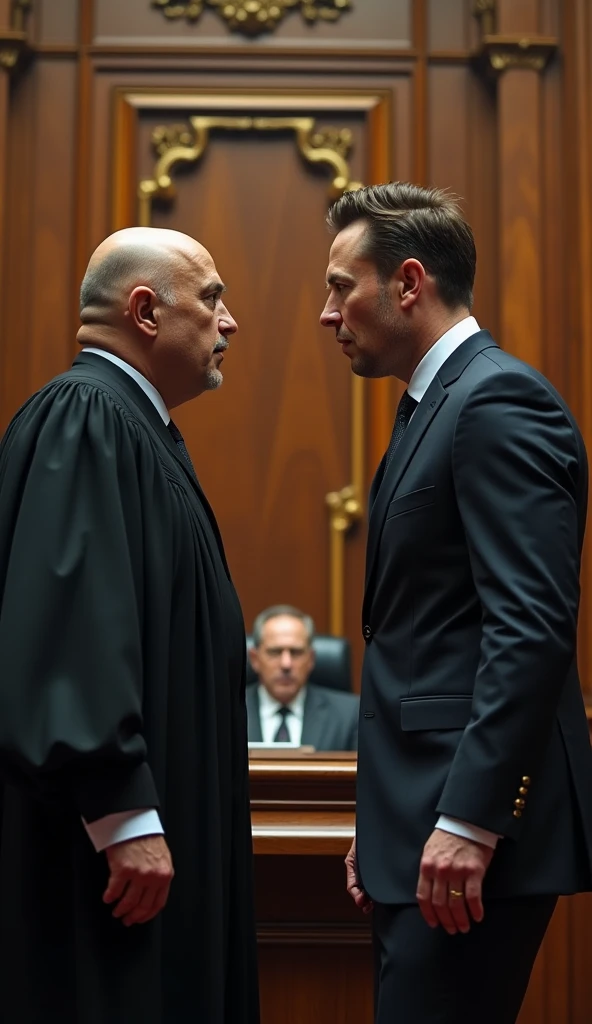 Create an image of the bald Brazilian judge Alexandre de Morais, and Billionaire Elon Musk kicking him