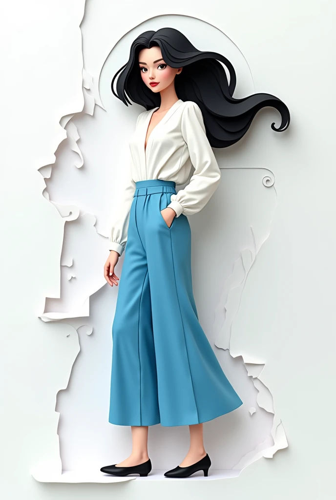 Layered paper art of a   with light skin and black hair in blue pants and a white blouse and little black shoes on a white background