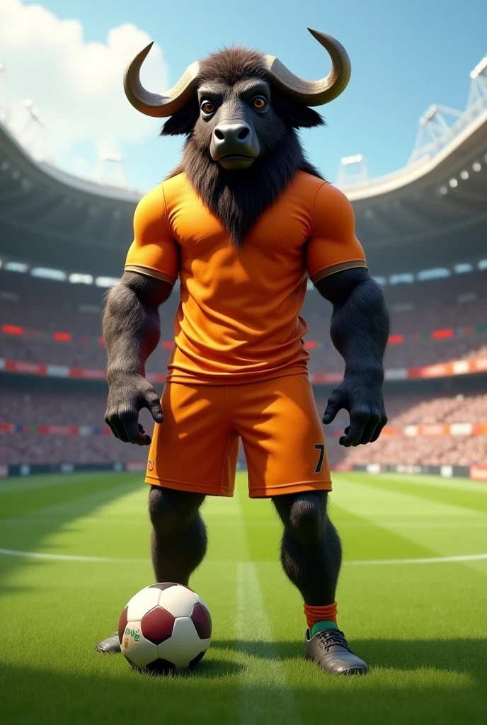 create a realistic image of a buffalo-headed soccer player on a soccer field dressed in orange standing