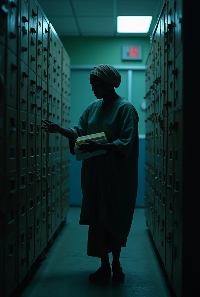 Generate image of African Igbo maternity with an igbo old midwife woman of about 50years sneaked into the hospital record room at night checking records