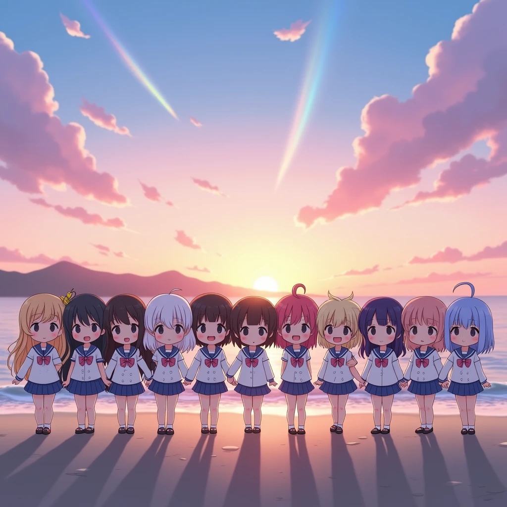 ((ExtremelyDetailed (12 PUNIPUNI KAWAII Girls in a row:1.37) in WHITE at Dusk Enoshima Beach)), (masterpiece 8K TopQuality) (ProfessionalPhoto:1.37), {(Standing Full Body:1.2)|(from below:1.2)}, Different types of hair colors, {School Uniform [with Thongs]|(school swimwear)Ass visible through thighs}, {Detailed BabyLike hand|Hidden hand|armpit peek|DAKINAKURA}, Joyful Expressions LifeLike Rendering, PerfectLighting, [RainbowColorHorizon],(Photorealistic:1.6)