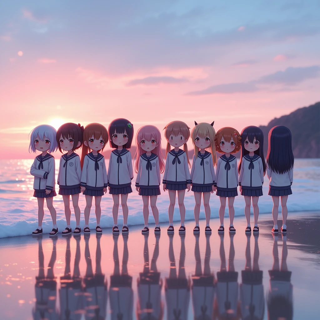 ((ExtremelyDetailed (12 PUNIPUNI KAWAII Girls in a row:1.37) in WHITE at Dusk Enoshima Beach)), (masterpiece 8K TopQuality) (ProfessionalPhoto:1.37), {(Standing Full Body:1.2)|(from below:1.2)}, Different types of hair colors, {School Uniform [with Thongs]|(school swimwear)Ass visible through thighs}, {Detailed BabyLike hand|Hidden hand|armpit peek|DAKINAKURA}, Joyful Expressions LifeLike Rendering, PerfectLighting, [RainbowColorHorizon],(Photorealistic:1.6)