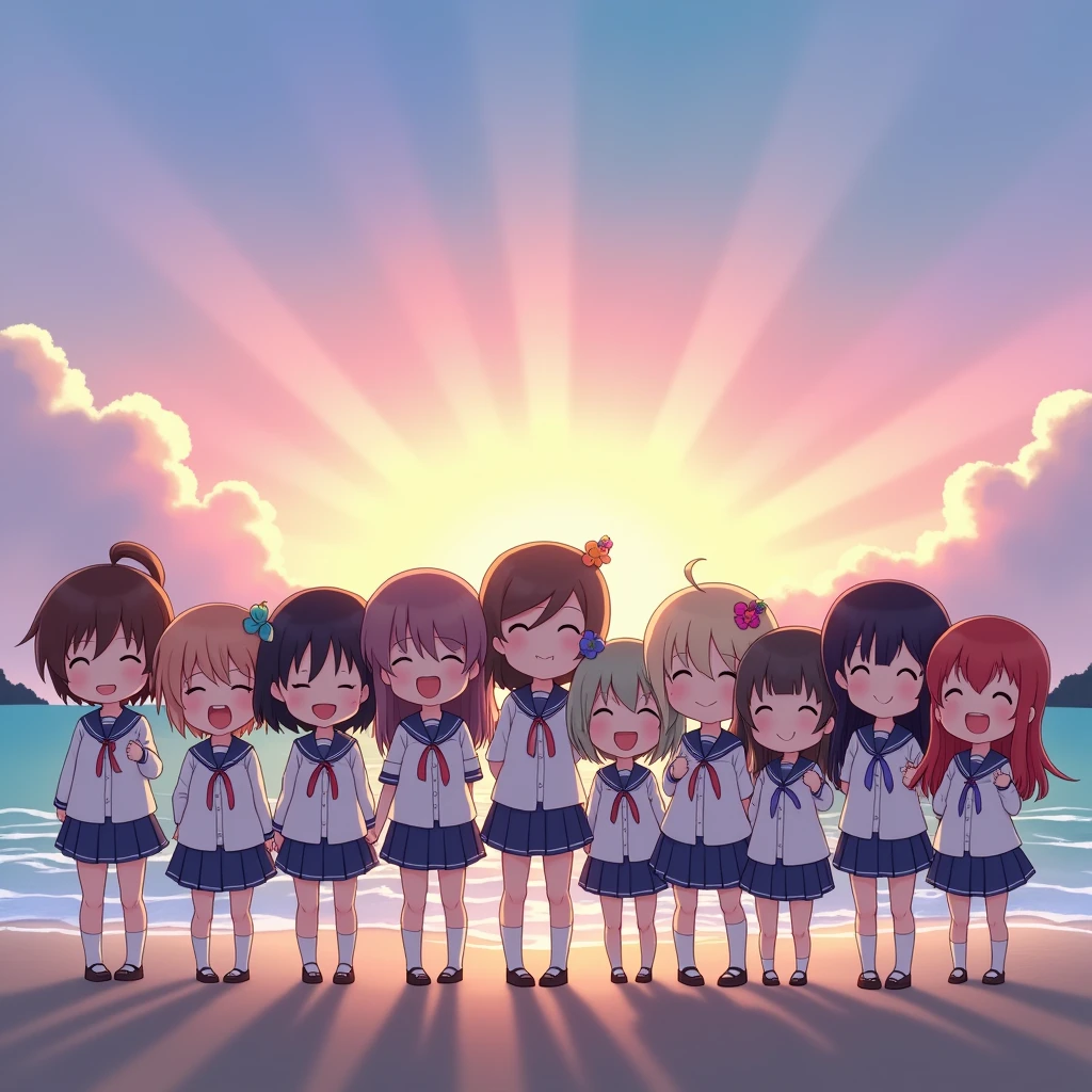 ((ExtremelyDetailed (12 PUNIPUNI KAWAII Girls in a row:1.37) in WHITE at Dusk Enoshima Beach)), (masterpiece 8K TopQuality) (ProfessionalPhoto:1.37), {(Standing Full Body:1.2)|(from below:1.2)}, Different types of hair colors, {School Uniform [with Thongs]|(school swimwear)Ass visible through thighs}, {Detailed BabyLike hand|Hidden hand|armpit peek|DAKINAKURA}, Joyful Expressions LifeLike Rendering, PerfectLighting, [RainbowColorHorizon],(Photorealistic:1.6)