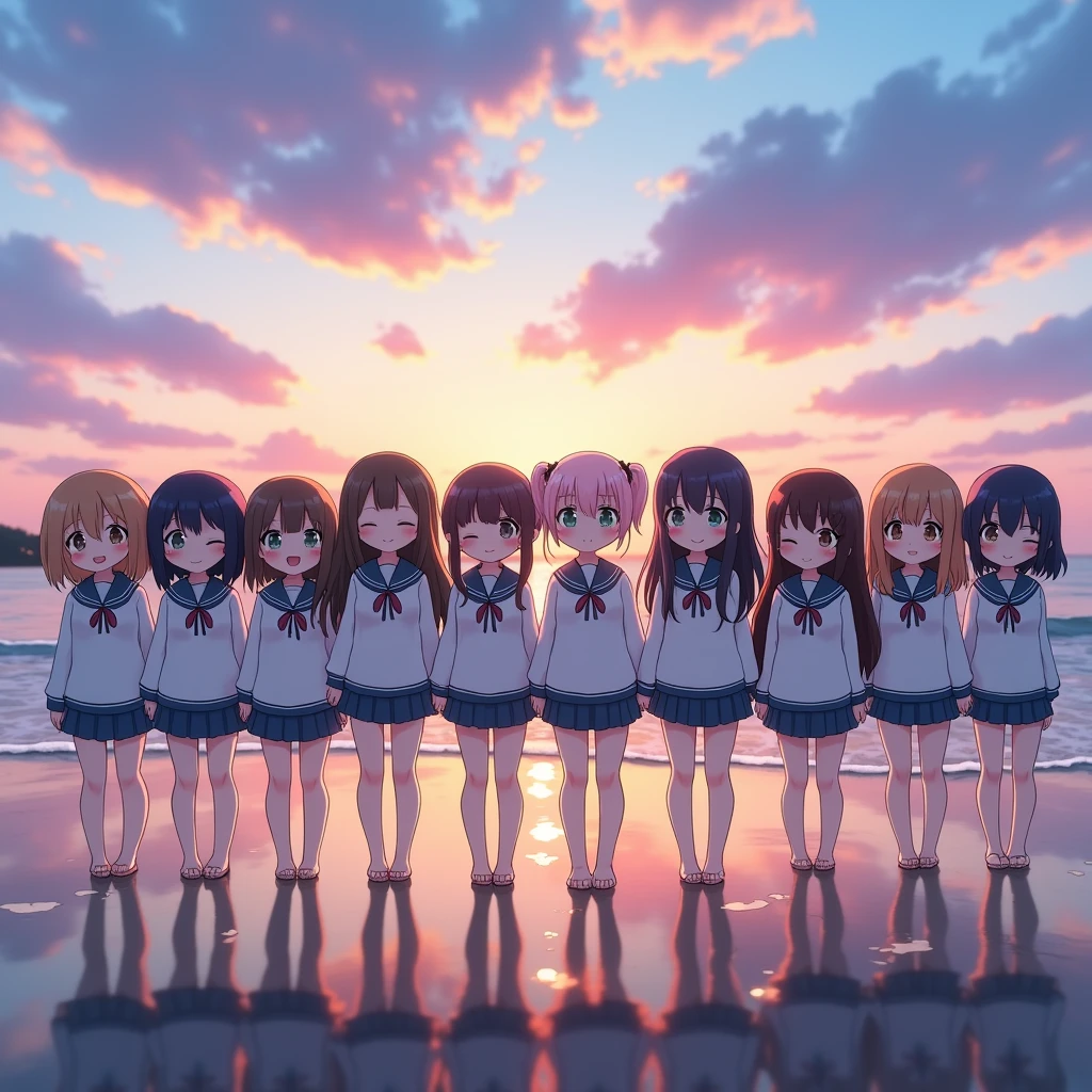 ((ExtremelyDetailed (12 PUNIPUNI KAWAII Girls in a row:1.37) in WHITE at Dusk Enoshima Beach)), (masterpiece 8K TopQuality) (ProfessionalPhoto:1.37), {(Standing Full Body:1.2)|(from below:1.2)}, Different types of hair colors, {School Uniform [with Thongs]|(school swimwear)Ass visible through thighs}, {Detailed BabyLike hand|Hidden hand|armpit peek|DAKINAKURA}, Joyful Expressions LifeLike Rendering, PerfectLighting, [RainbowColorHorizon],(Photorealistic:1.6)