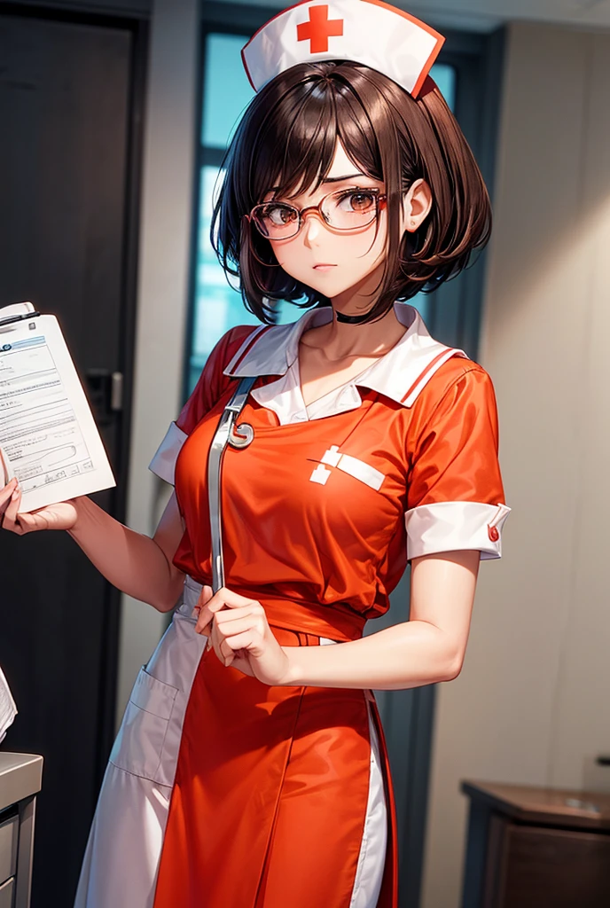 A detailed image of Velma from Scooby-Doo, reimagined as a nurse. She’s wearing a classic nurse's uniform, which includes a crisp white dress with short sleeves, slightly modified to retain her signature orange color. Over the dress, she has a white apron with a red cross emblem on the chest. Velma’s iconic round glasses rest on her nose, and she has a small nurse’s cap with a red cross perched neatly on her head. Her short brown hair is styled as usual, slightly tousled. She’s holding a clipboard in one hand, looking focused and attentive, while the other hand rests on her hip. The setting is a simple, clean hospital room with soft lighting, highlighting her professional and caring demeanor, yet still retaining her characteristic intellectual vibe. Her expression is thoughtful, as if she’s carefully considering a patient’s case, blending her signature intelligence with the nurturing role of a nurse.