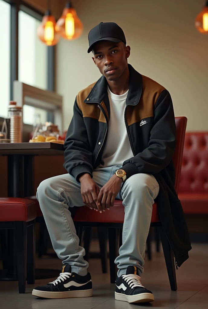 best qualityer:1.4), (ultra high resolution:1.2), (photorrealistic:1.4), (8k, CRU photo:1.2), a thin young man of 20 years old, skin black, with a smooth, beardless face, corte de cabelo buzzcut, He's wearing a black cap. He's wearing a white shirt. He is wearing a basic coat in black and brown.. He&#39;s wearing light jeans. He is wearing black and white Jordan sneakers.. He is sitting on a chair in a simple restaurant. thin build sem músculos. Seductive face for the camera. thin build. Scrawny. A thin person 