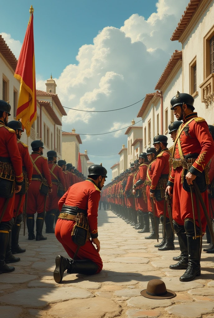 Spanish army defeating a man without a hat and kneeling in a square, This happened in the 18th century in a town in Peru.