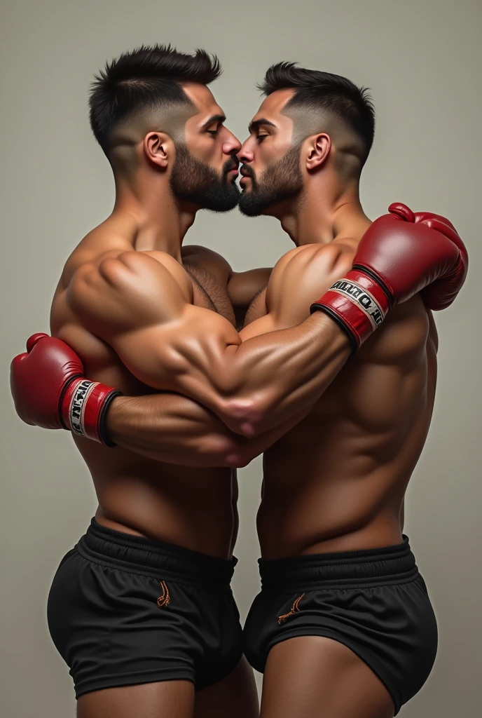 Two muscular men kiss each other, boxers, the bulges in the boxers are pressed together