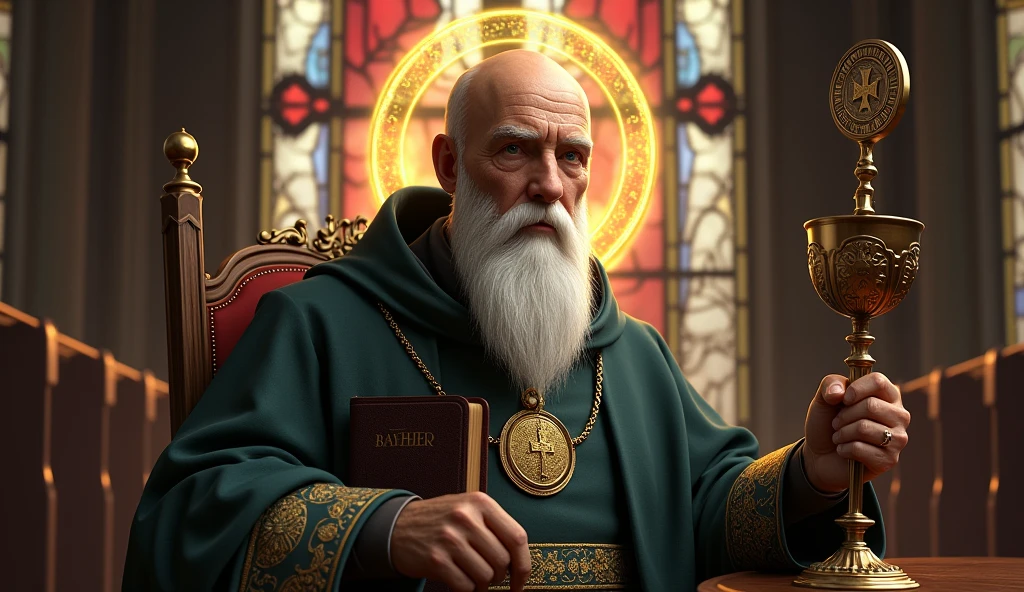 ultra realistic image of bald saint benedict with a long white beard, calm and firm look, with his medal with the cross of Saint Benedict, a bronze chalice and a bronze staff with a snail's tip, in the pocket a bible, around his head a lighted halo, convey depth, in the background stained glass windows of a European church