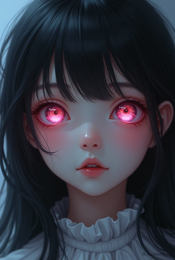 a girl with long hair and black bangs and pink iris eyes 