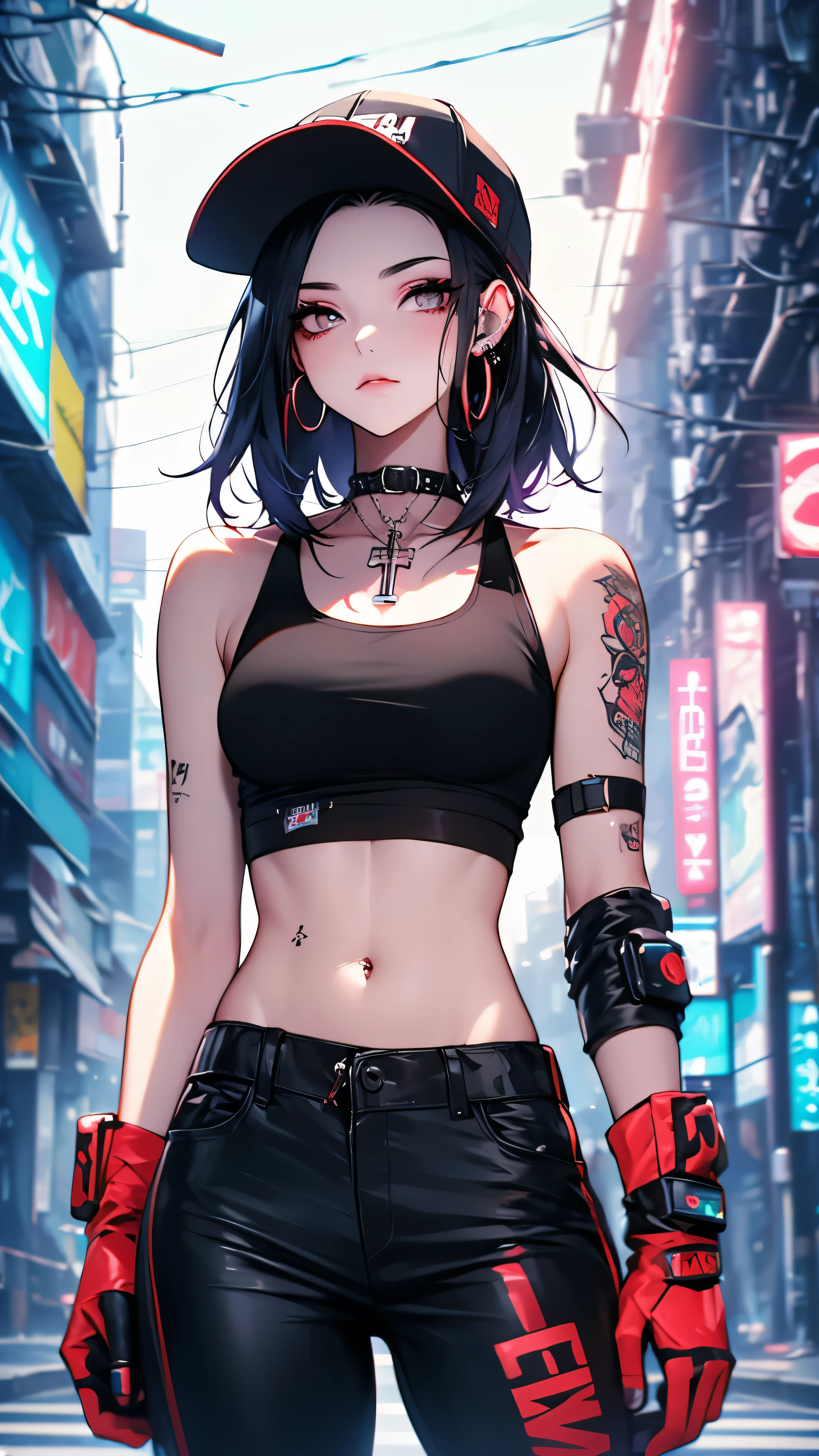 A glitchy, cyberpunk girl with a blurry background, wearing a mask over her mouth, a baseball cap, and multiple tattoos on her shoulder, arm, neck, and stomach. She has long black hair, piercings in her ears and navel, and is wearing a tank top, pants, and black gloves. There is depth of field, with a blurred foreground, and she is looking directly at the viewer, chewing gum. Her clothes have writing on them, and she is wearing a red headpiece and jewelry such as hoop earrings and a cross earring. The image has an overall blurry, glitchy, and cyberpunk aesthetic.