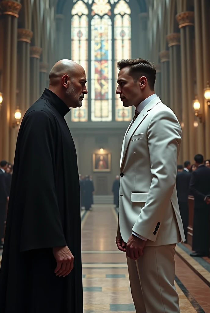 Elon Musk in white vs Minister bald in black