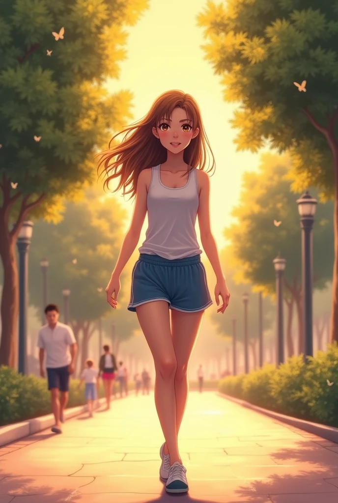 A girl walking on the sidewalk of a park with several medium-sized trees and some people in the background, the angle of being from the front, her skin is light, her hair is brown and her eyes are honey-colored, she is wearing a white top, blue gym shorts, the weather is late afternoon and there is a sunset in a gradient from yellow to pink.