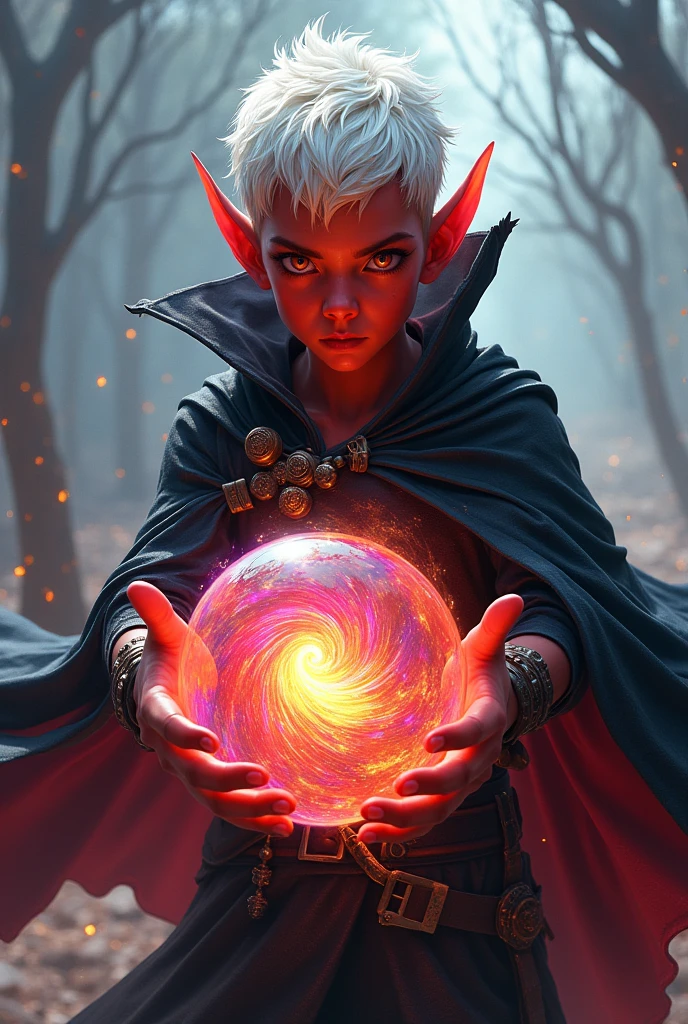 Young red tiefling with short white hair and bright eyes, holding a colorful energy sphere with varying colors in his hands while his black cape flutters in the wind.