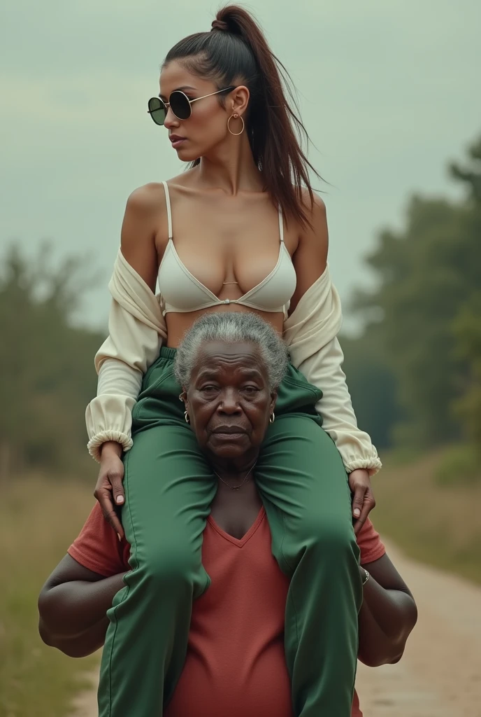 Create an image of a 90 year old elderly lady, fat and black, wearing a flowery dress, who wears glasses and is carrying a young woman on his shoulders, 30 YEARS OLD, De pele clara, with brown hair tied in a bun, who is naked on top with her breasts out and wearing black panties on the bottom