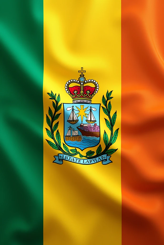 Flag designs with the colors yellow, green and orange with the coat of arms of a Caribbean port