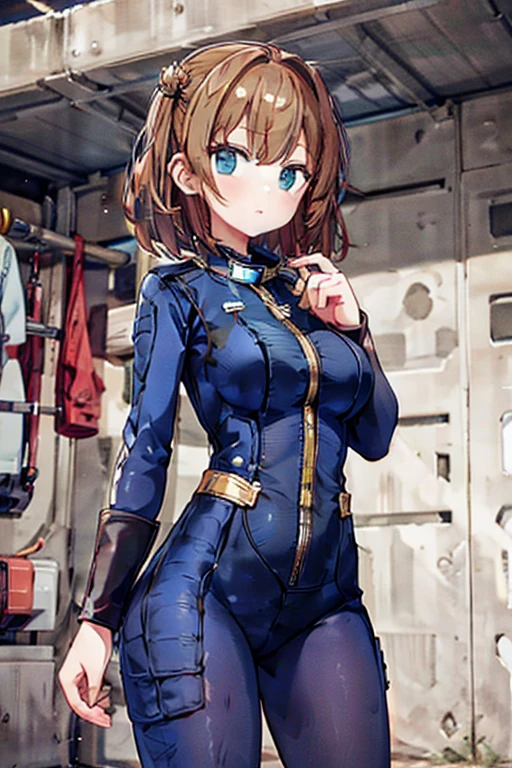 1 girl (plugsuit: 1.3) outdoor street building cowboy shot, (cameltoe: 1.2)